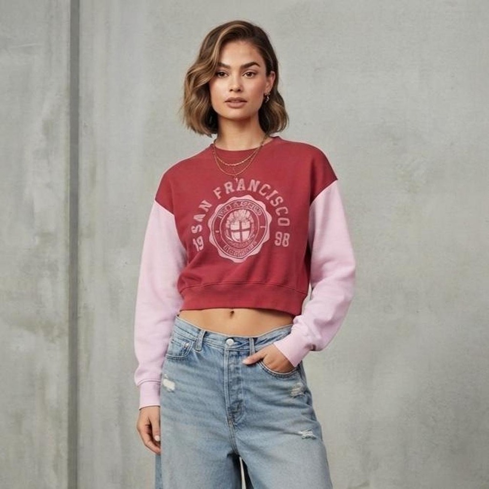 Women's LA Hearts Color Block Pink & Red Cropped San Francisco Sweatshirt Size L